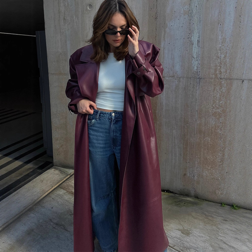 Fashionable and Elegant Solid Color Long Leather Jacket with Lapels and Shoulder Pads for Women, 2025 New Cross-Border European and American Style Autumn and Winter Model
