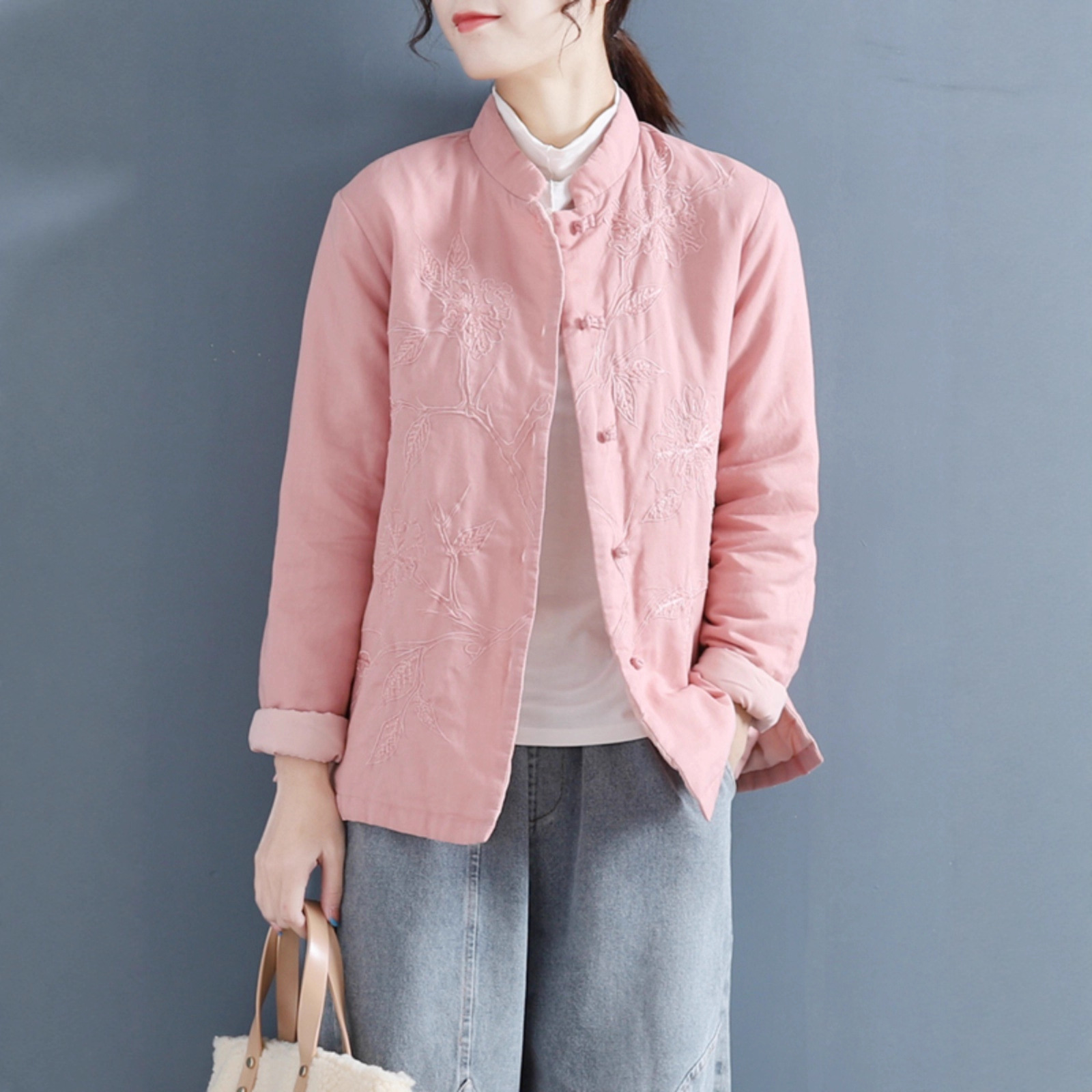 捡漏特价~中式盘扣轻薄棉衣女棉麻刺绣茶服上衣夹棉加厚棉袄外套