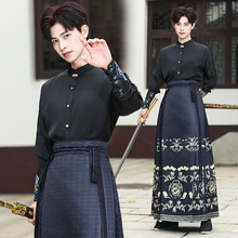 中国风明制龙纹提花马面裙新中式立领衬衫黑色改良汉服男古风套装