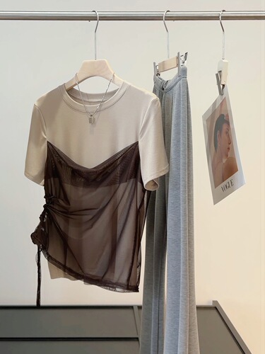 Gray fake two-piece mesh drawstring short-sleeve T-shirt women's summer high-end niche splicing all-match casual slimming top