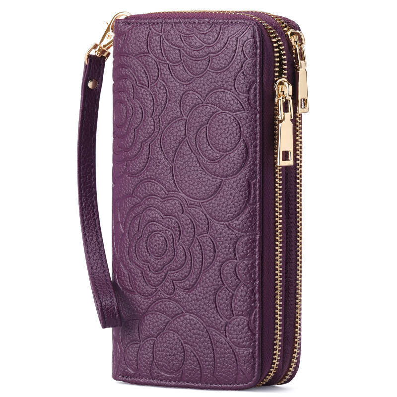 Guangzhou Manufacturer Women's Wallet New Style Genuine Leather Long Double Zipper Bag Fashionable Camellia First Layer Cowhide Wallet Guangzhou Manufacturer Women's Wallet New Style Genuine Leather Long Double Zipper Bag Fashionable Camellia First Layer Cowhide Wallet