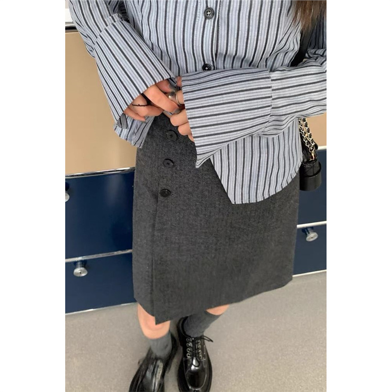 韩系简约修身设计斜门襟五分半身裙女秋冬气质高腰显瘦西装裙半裙