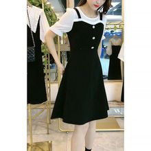 假两件连衣裙女短袖2024夏季新款韩版时尚拼接气质小黑裙收腰裙潮