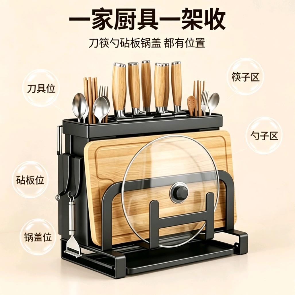 Kitchen supplies household knife and utensil rack, kitchen wall-mounted countertop ventilation and drainage rack for pot lids and cutting boards