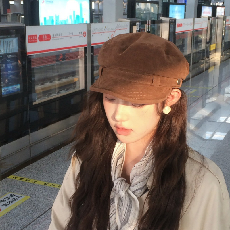 美拉德咖色麂皮绒海军帽女千金风复古八角帽英伦画家帽贝雷帽女|undefined