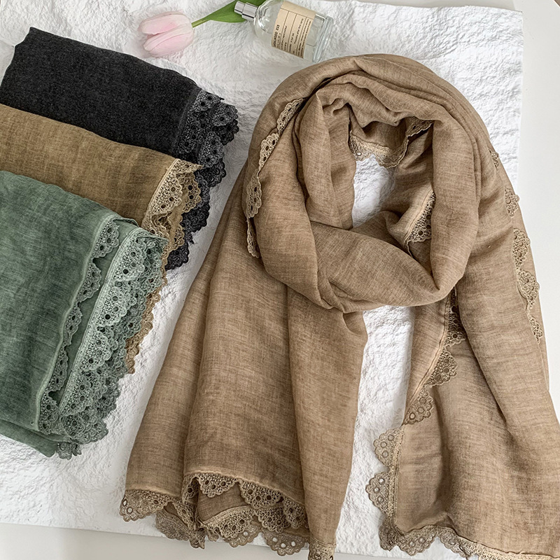 Bufanda Estilo coreano, primavera y otoño, nueva moda, color sólido, borde de encaje, cuello, bufanda larga, chal