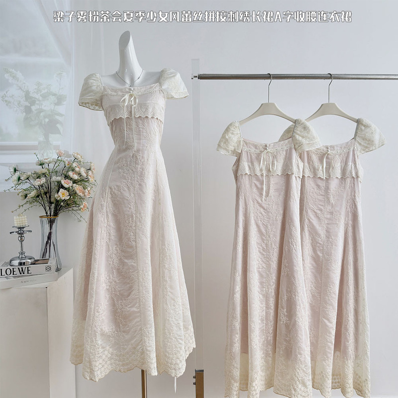 Factory 2026 Misty Pink Tea Party Summer Girl Style Lace Patchwork Embroidered Long Dress A-Line Waist-Cinching Dress Women's Clothing Factory 2026 Misty Pink Tea Party Summer Girl Style Lace Patchwork Embroidered Long Dress A-Line Waist-Cinching Dress Women's Clothing