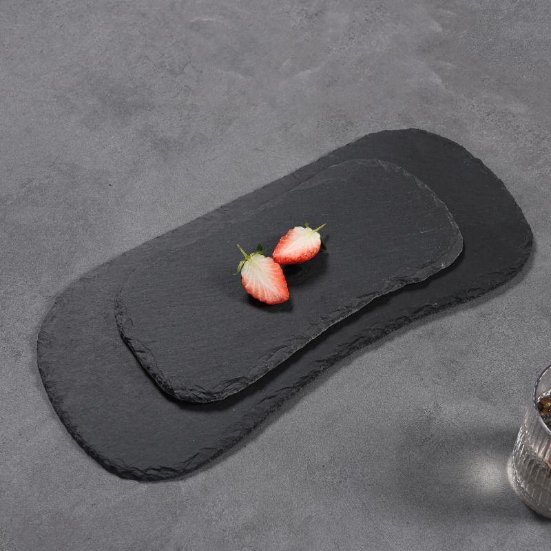Hotel Vintage brotes de bambú negro Placa de pizarra natural Placa de filete occidental Placa de pizarra postre en forma de placa de roca