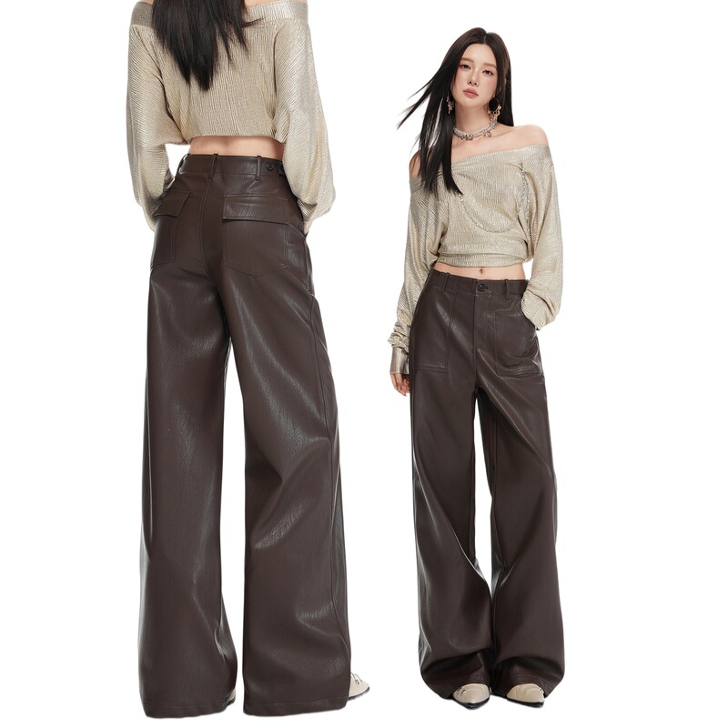 2026 Fall/Winter New Arrivals: American Retro Chic Loose-Fit Mid-Low Waist Adjustable PU Wide-Leg Casual Leather Pants for Women 2026 Fall/Winter New Arrivals: American Retro Chic Loose-Fit Mid-Low Waist Adjustable PU Wide-Leg Casual Leather Pants for Women