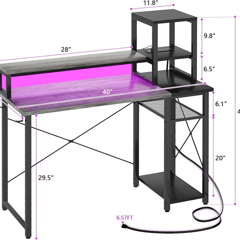 Gaming Desk with Led Lights, Small Office Desk, Double Sided Laptop Desk with Storage Shelf, Small Space Gaming Desk with Led Lights, Small Office Desk, Double Sided Laptop Desk with Storage Shelf, Small Space