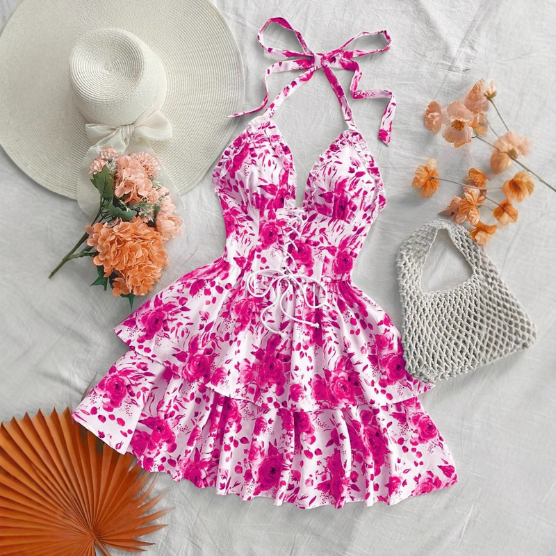 European and American Cross-border Women's Vacation Style Retro Blue and White Watercolor Rose Printing with Ruffled Decorative dress