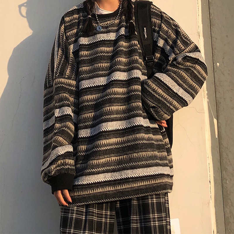 2025 primavera y otoño tendencia en coreano retro perezoso tweed camisa de punto a rayas suéter de cuello redondo para hombres y mujeres