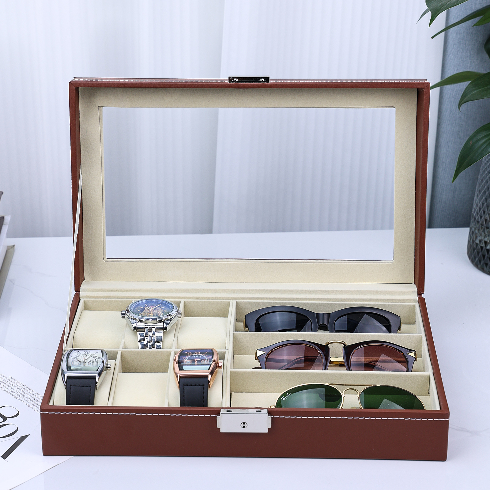 De alto grado negro PU cuero reloj caja ojo caja de gran capacidad de almacenamiento