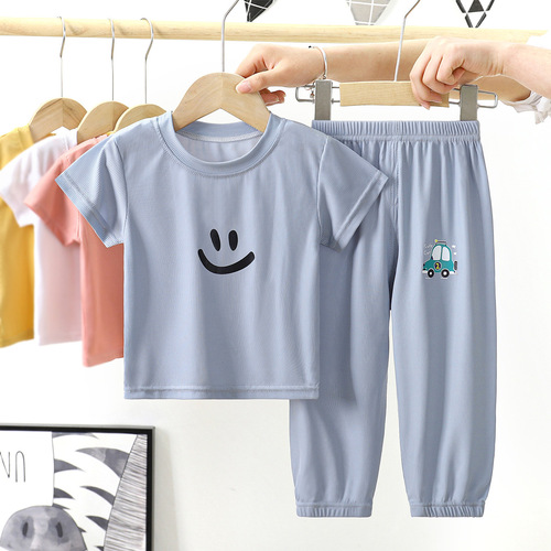 Women's Ice Silk Short Sleeve Set Summer Korean Style Casual Homecoming Pajamas Ankle-Fit Mosquito-Proof Pants Two-Piece Set Wholesale