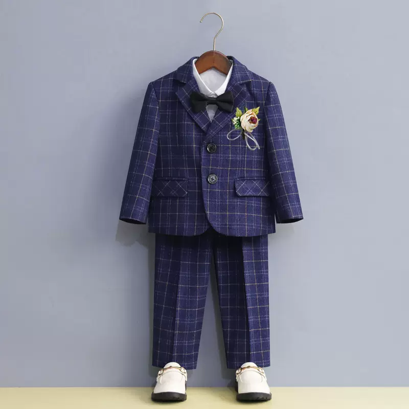 男童格子小西装套装秋冬新款儿童西服套装花童礼服钢琴走秀服加绒