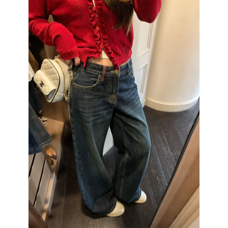 Hhyii 超模蓝牛 复古水洗牛仔裤女2025秋季新款显瘦休闲阔腿长裤|undefined