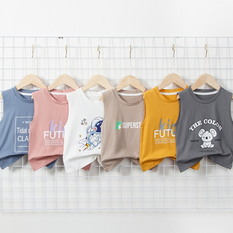 Kids' Summer Pure Cotton Vest for Boys and Girls: Crew-Neck, Wide-Shoulder, Sleeveless, Lightweight Base Layer with a Cute Design for Outfits