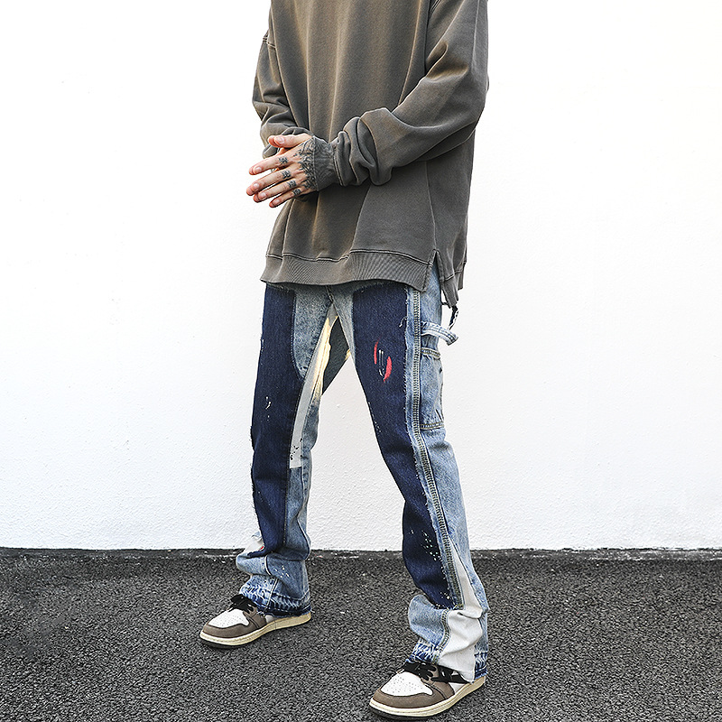 High street style heavy industry washing old splash-ink color matching deconstruction flared pants sub-fashion personality niche stacked jeans
