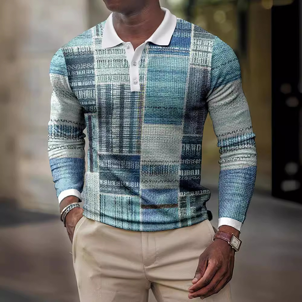 Comercio exterior transfronterizo primavera nuevos hombres Europa y América impresión 3D casual retro manga larga polo hombre Paul camisa