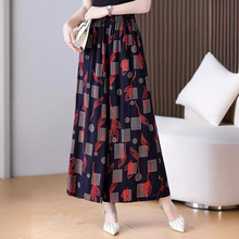 夏季中老年女裤妈妈装裙裤松紧腰中年棉麻阔腿裤大码休闲舞九分裤
