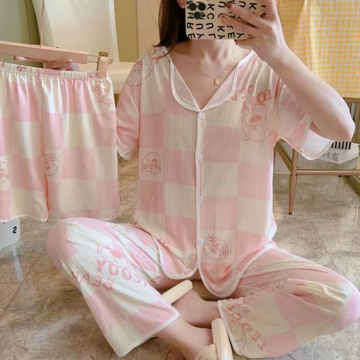 Explosión de tres piezas Cardigan pijama de mujer de verano de mangas cortas pantalones largos delgados se pueden usar dibujos animados dulce conjunto de ropa para el hogar
