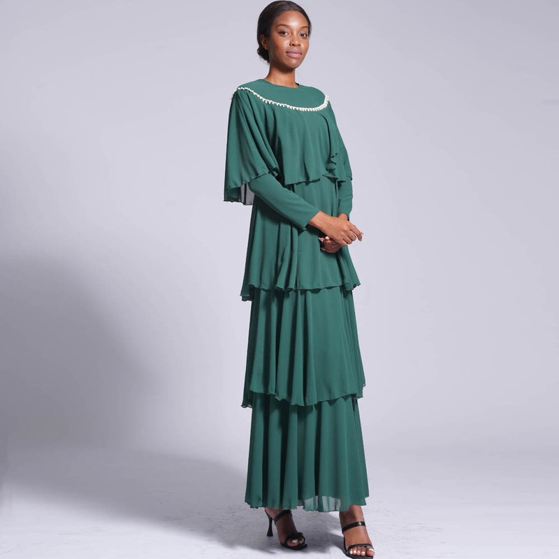 2022 autumn and winter New chiffon cake skirt pearl string Cape long sleeve solid color dress women dress221002