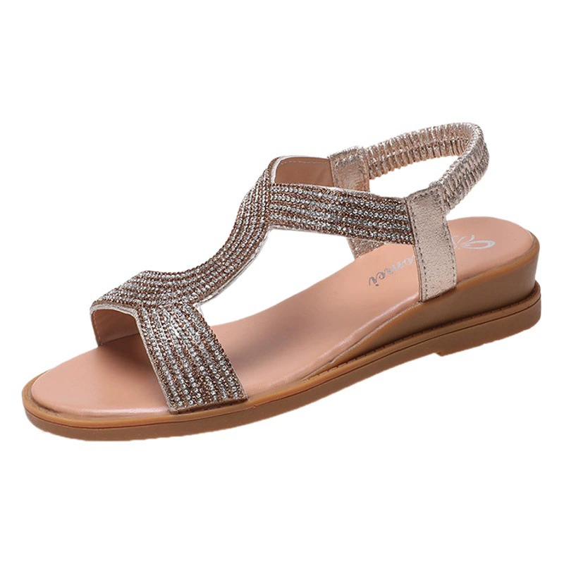 Летние новые римские босоножки на танкетке со стразами в богемном стиле, студенческие Повседневные Легкие пляжные сандалии, женские