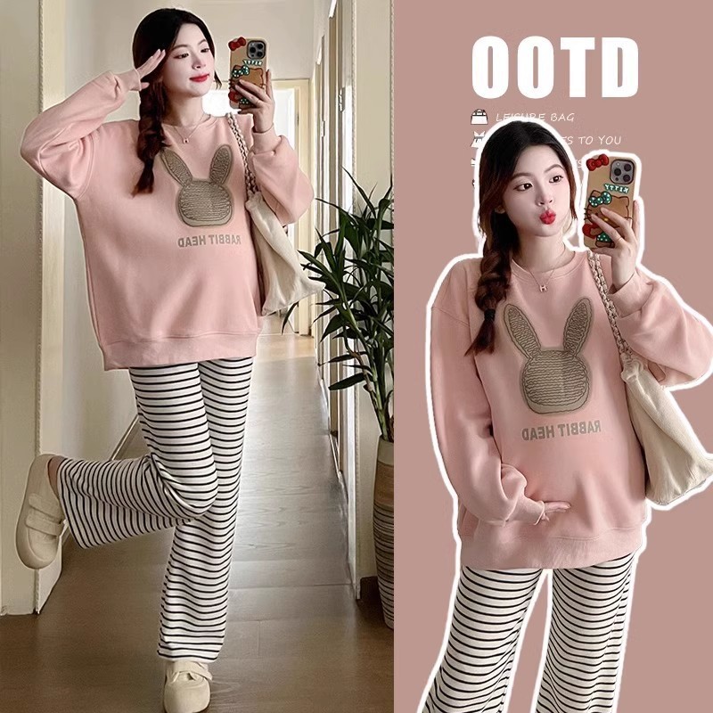 임산부복 가을 2025 신스타일 정장 세련되고 스타일리시한 긴팔 플러스 벨벳 스웨터 토끼 상의 투피스 정장