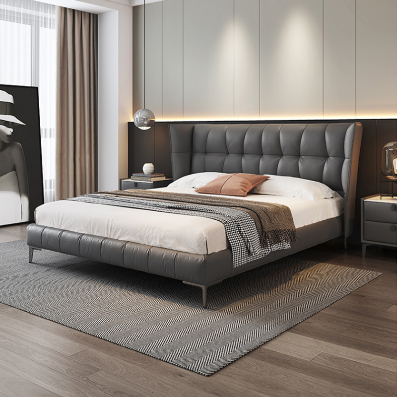 Cama muscular italiana minimalista B & B husk cama principal lujosa cama doble de cuero de vaca moderna y simple cama de matrimonio de alta gama