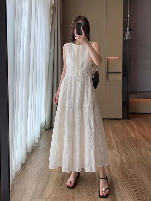 法单柜1.8K+！重工刺绣 轻薄天丝莱赛尔圆领无袖A版背心连衣裙女|undefined