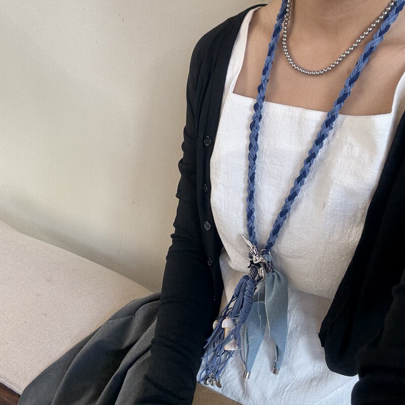 度假系列手工项链小飞鸟吊坠蓝色编绳牛仔布流苏长项坠项链配饰女|undefined
