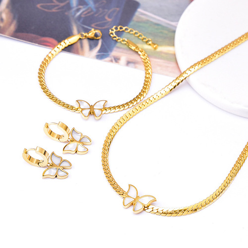 Korean style blade chain shell butterfly clavicle chain waterproof and sweat-proof girls' bracelet short earrings gold set necklace