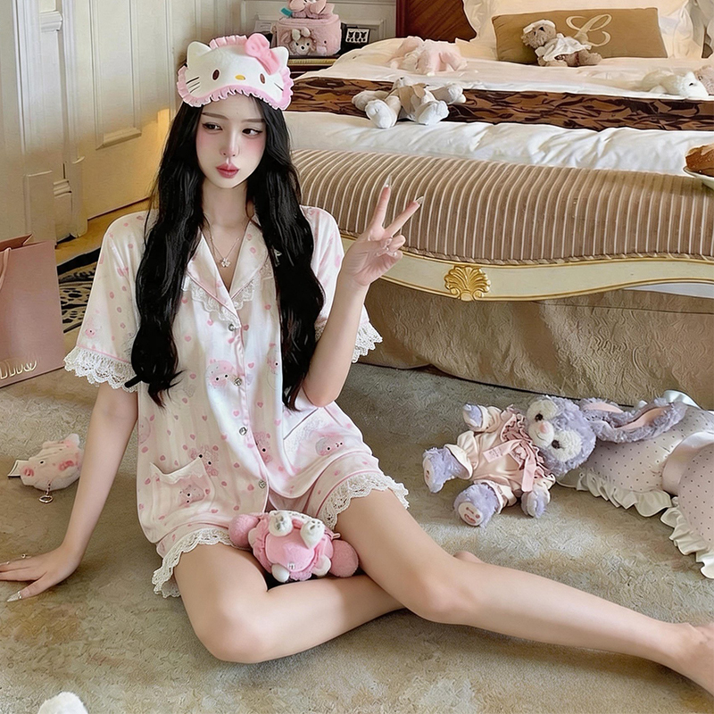 Women's Summer Pajamas, Women's Ice Silk Pajamas, Ice Silk Sleepwear, Super Popular My Melody Summer Thin Short-Sleeve Loungewear