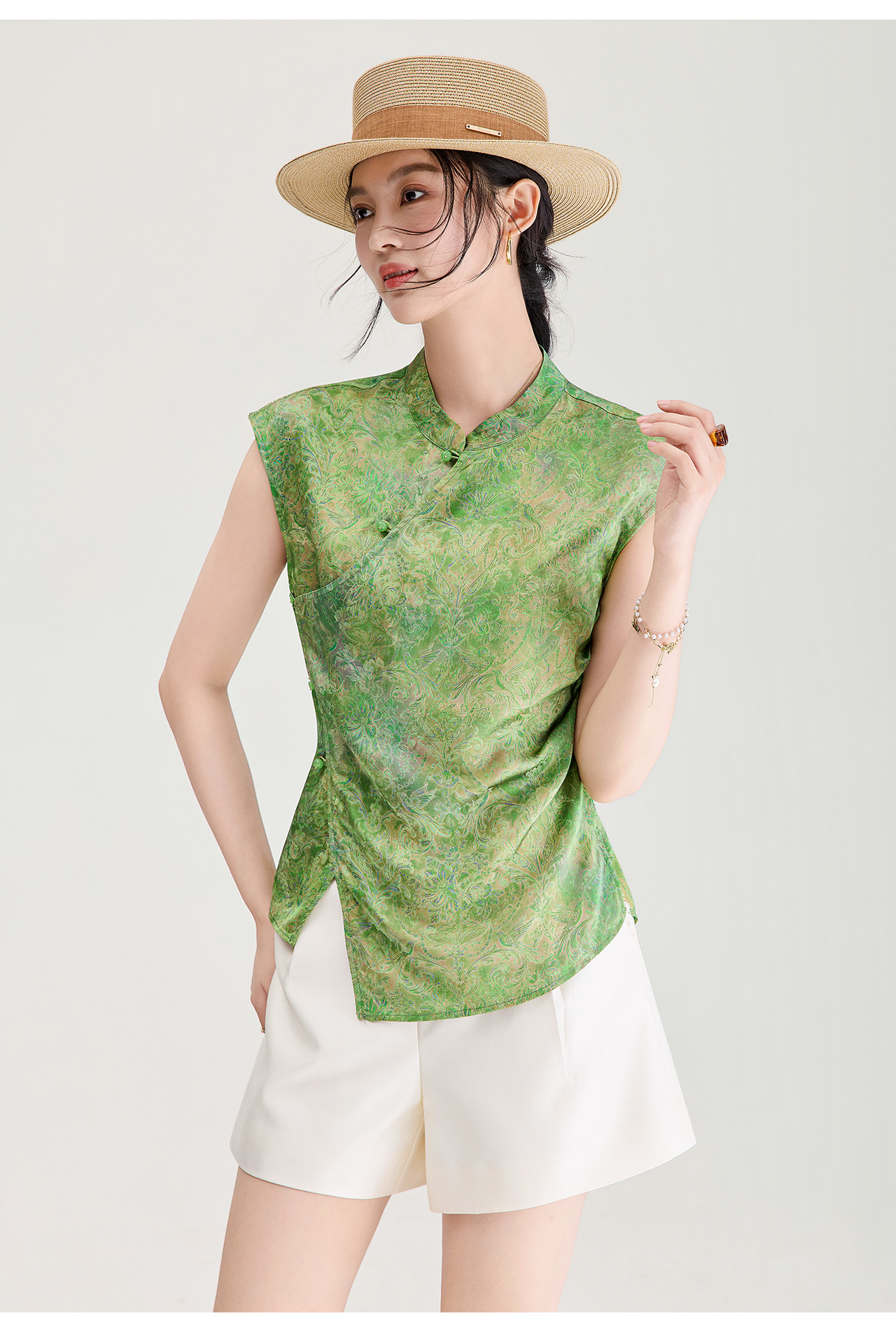 Áo vest không tay nữ kiểu Trung Quốc mới, chất lụa Jacquard nhuộm chìm, tà áo chéo, mặc mùa hè — màu xanh nhạt chi tiết 19