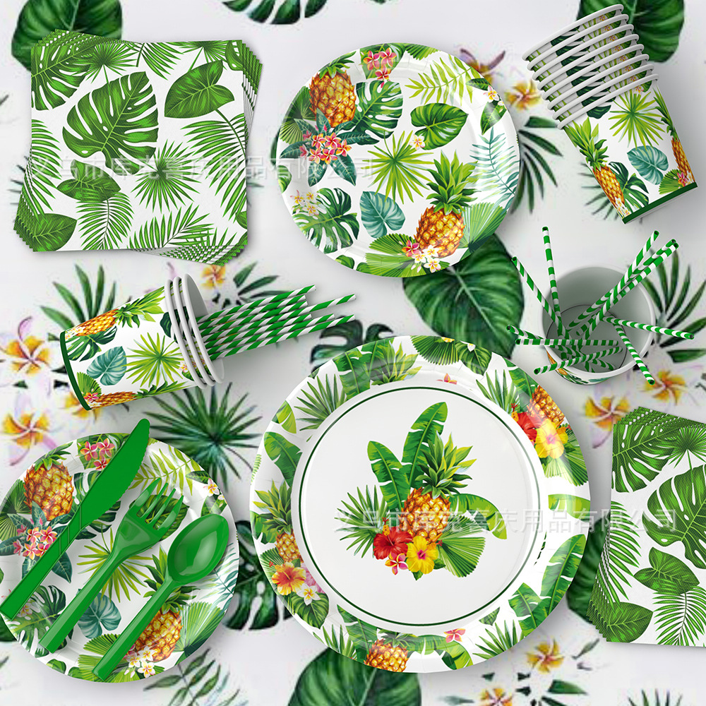 Nueva Hawaiian tema Fiesta decoración suministros hojas tropicales bandeja de papel desechable taza de papel tire bandera traje de tejido