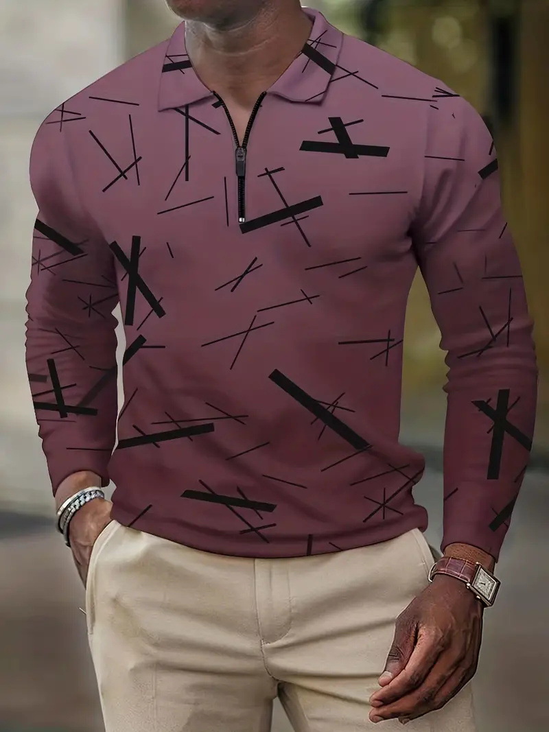 Camisa POLO de solapa de hombre básica simple con estampado digital, camisa delgada de manga larga con cremallera MB14