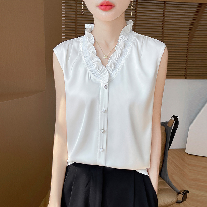 French-Style White Shirt for Women, Spring and Summer Design, Stylish Silk Ruffle V-Neck Sleeveless Top French-Style White Shirt for Women, Spring and Summer Design, Stylish Silk Ruffle V-Neck Sleeveless Top