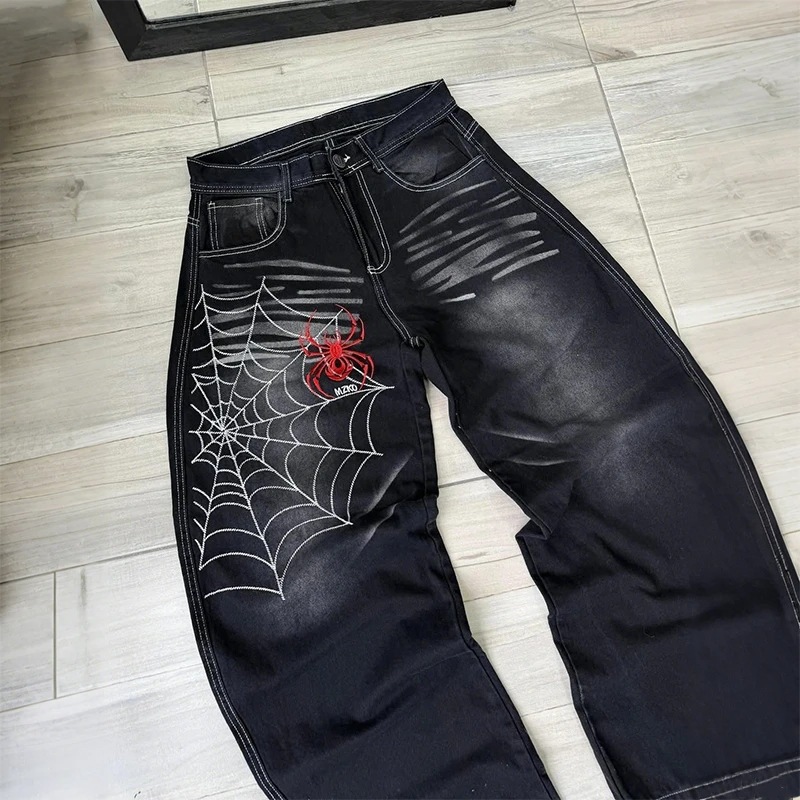 Impresión de tela de araña transfronteriza europea y americana estilo retro personalidad callejera de moda jeans jeans jeans jeans de piernas anchas