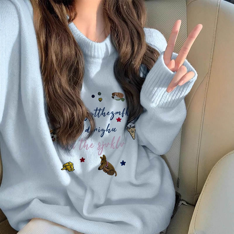 Blue Soft Waxy Knitwear Women's Autumn and Winter Thickeneded Loose Lazy Style Chic Design Pullover Knitwear Top