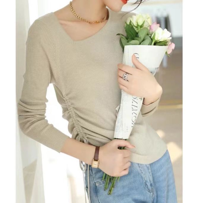 Artistic pea collar drawstring waist-tight graceful curve sweater women's pit slim shirt autumn bottoming shirt