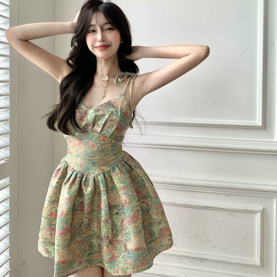 Short New Style Short Skirt Tight Waist Vacation Style Short Skirt Retro Gentle Style Sweet Floral Sling Dress for Women