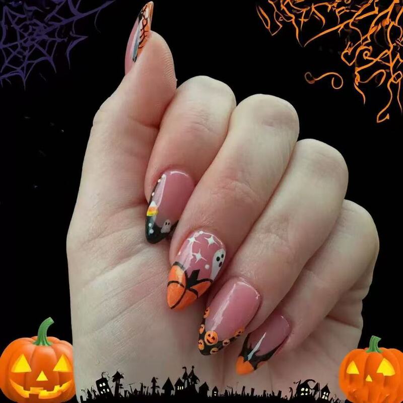 Foreign Trade Creative Halloween New Pumpkin Bat Black French Edge Halloween Elements Cross-Border Almond-Shaped Fake Nails