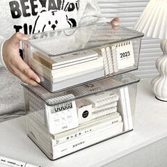 Desktop transparent storage box with lid, office book and document acrylic organizing box, cosmetics dustproof storage box