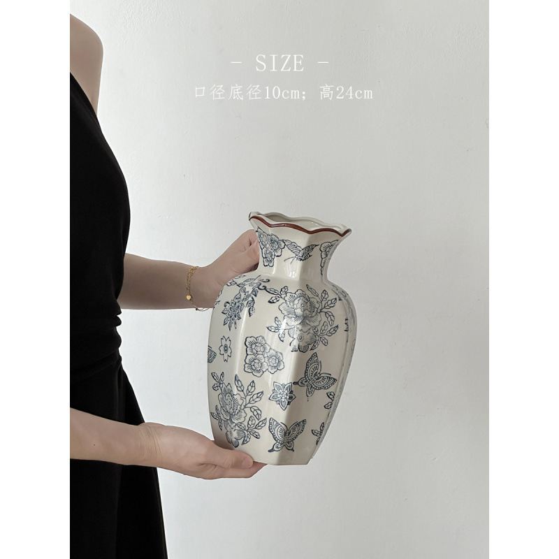 Nuevo jarrón de cerámica azul china nueva decoración de estilo chino sala de estar floral decoración de vestíbulo de estilo antiguo peonía floral