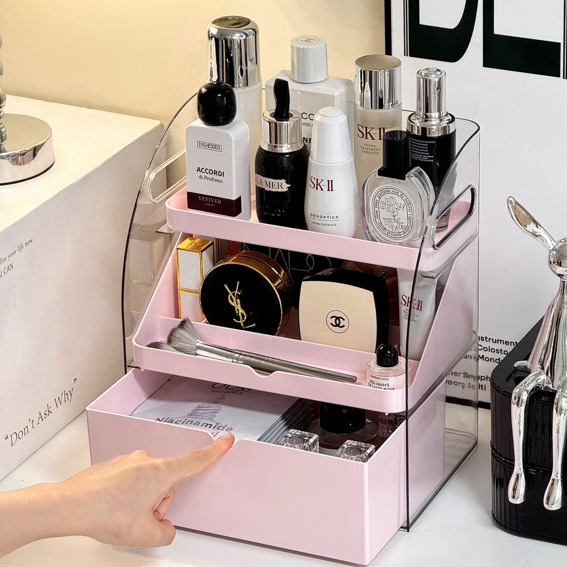 Caja de almacenamiento de cosméticos de escritorio de alta calidad tipo cajón acrílico transparente mesas de tocador divididas en estantes de productos de cuidado de la piel