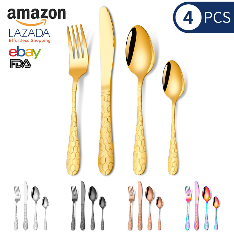 Cross-Border 410 Stainless Steel Water Cube Series Tableware Wholesale Western Steak Knife Hotel Knife, Fork and Spoon Set