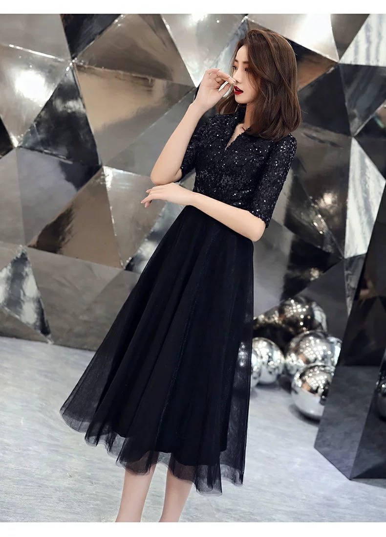 ​​Elegant Black Cocktail Dress – High-Waisted A-Line Midi Dress With Cap Sleeves & Back Zipper ( Date Nights Office-to-Evening Transitions)​​_ecoleips.com