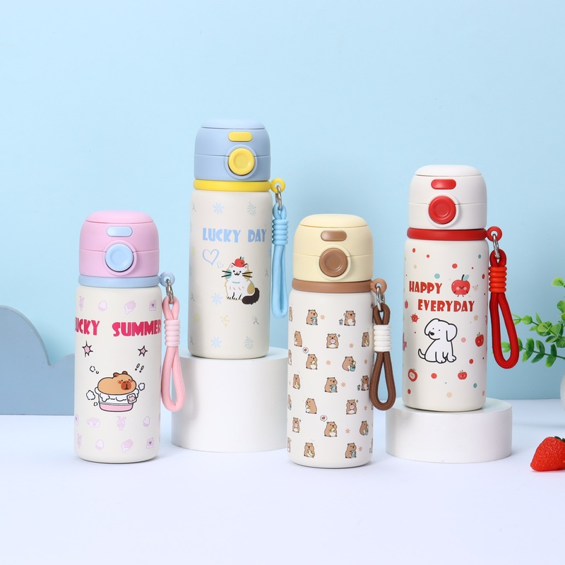 New Model 316 Stainless Steel Thermos Cup with High Aesthetic Appeal, Cartoon Children's Bottle, Dual Drinking Straw Cup, Portable Strap Hand Cup