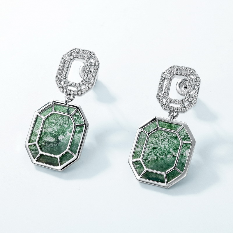 Pendientes de piedra de musgo verde natural de lujo ligero atmosférico transfronterizo S925 Pendientes de ágata con incrustaciones de plata Europa y América al por mayor
