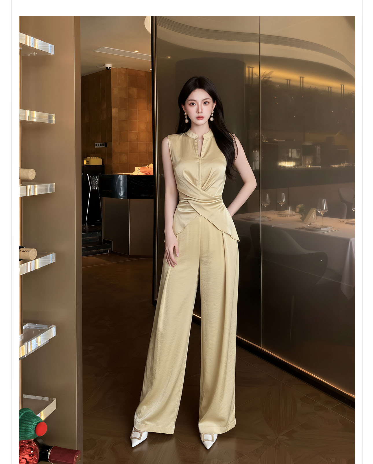 Bộ áo không tay phối quần ống cao cạp cao nữ hai mảnh — Áo màu kaki, Bộ đồ màu kaki, Quần kaki chi tiết 3